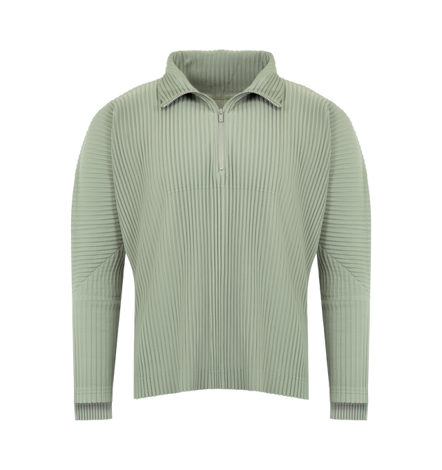 Image 1 of 2 - GREEN - ISSEY MIYAKE Half-Zippered Polo featring double-layered sleeves, high neck, half zip front opening and pleats throughout. 100% polyester. Made in the Philippines.