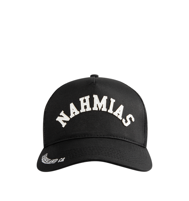 Image 1 of 3 - BLACK - NAHMIAS Summerland Brim Trucker Hat featuring a patchwork Nahmias logo on the face, mesh back and adjustable fit. 57% cotton, 43% nylon.