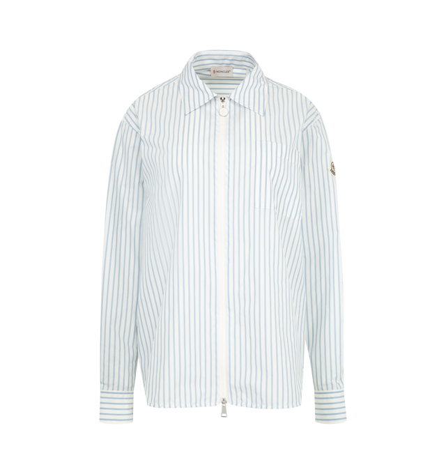 Image 1 of 3 - WHITE - MONCLER Striped Long Sleeve Shirt featuring stripes throughout, nylon, collar, long sleeves, zipper closure and adjustable cuffs. 100% polyamide/nylon.