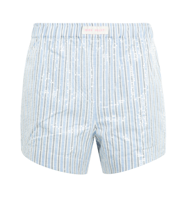 Image 1 of 3 - BLUE - MIRA MIKATI Sequinned Boxing Shorts featuring sequin embellished cotton, elastic waist and stripe design. 100% cotton.