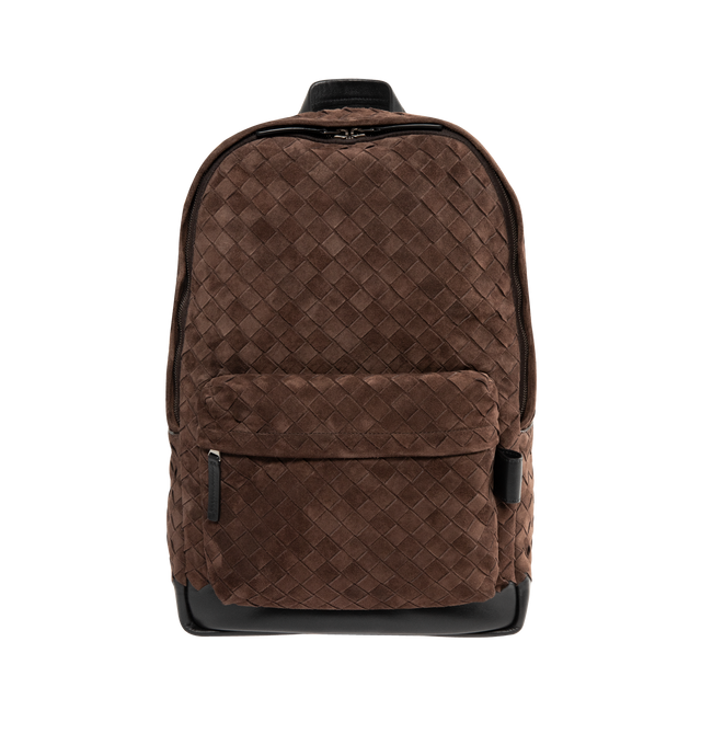 Image 1 of 3 - BROWN - BOTTEGA VENETA Suede Intrecciato Backpack featuring a zip fastening, a single exterior zipped pocket, top handle and a single interior laptop compartment. 46cm x 30cm x 14cm. 100% suede.