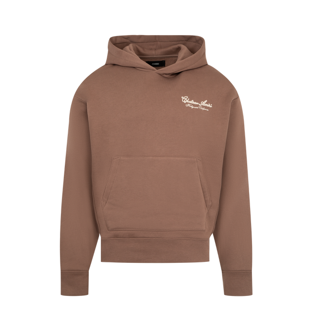 Image 1 of 2 - BROWN - AMIRI Chateau Script Hoodie featuring french terry hoodie, logo and text embroidered at chest, kangaroo pocket at waist, rib-knit hem and cuffs, dropped shoulders and logo graphic and text embroidered at back. 100% cotton. Made in Italy.