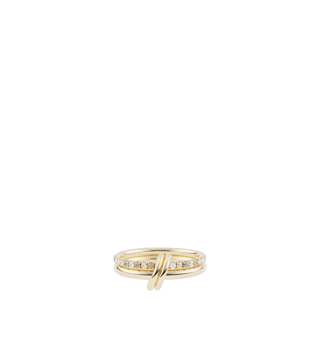 Image 1 of 1 - GOLD - Spinelli Kilcollin Women's Ceres YG Ring is crafted from 18k yellow gold and features two linked bands connected by the brand's signature double orbiting connectors. Designed with a pav-set eternity band and a complementary polished band, this handcrafted style is accented with champagne, cognac, and white diamonds for subtle brilliance. Main Material: 18k Yellow Gold. Bands: Two 2.3 mm Gauge 18k Yellow Gold Bands. Stones: Champagne, Cognac, and White Diamonds, Approx. 0.70 cttw. Conne