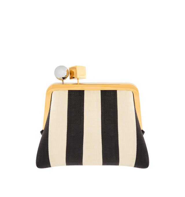 Image 1 of 3 - MULTI - JACQUEMUS The Berlingot Small Clasp Bag featuring small pouch bag in striped patchwork raffia, removable thin shoulder strap in contrast leather, contrast Rond-Carr clasp closure in silver and gold metal, interior card pocket and fully lined in cotton. 7.87 5.31 5.12 in. 100% polyamide. Made in Italy.