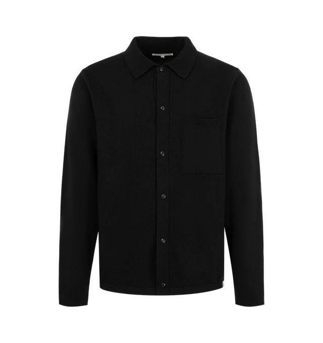 Image 1 of 2 - BLACK - Merz b. Schwanen men's Wool-Cashmere-Silk button-down shirt is crafted from a luxurious blend of merino wool, silk, and cashmere and features a relaxed silhouette, a classic collar, a chest pocket, and corozo nut button closures. Main Material: 55% Merino Wool, 30% Silk, 15% Cashmere. Made in Portugal.