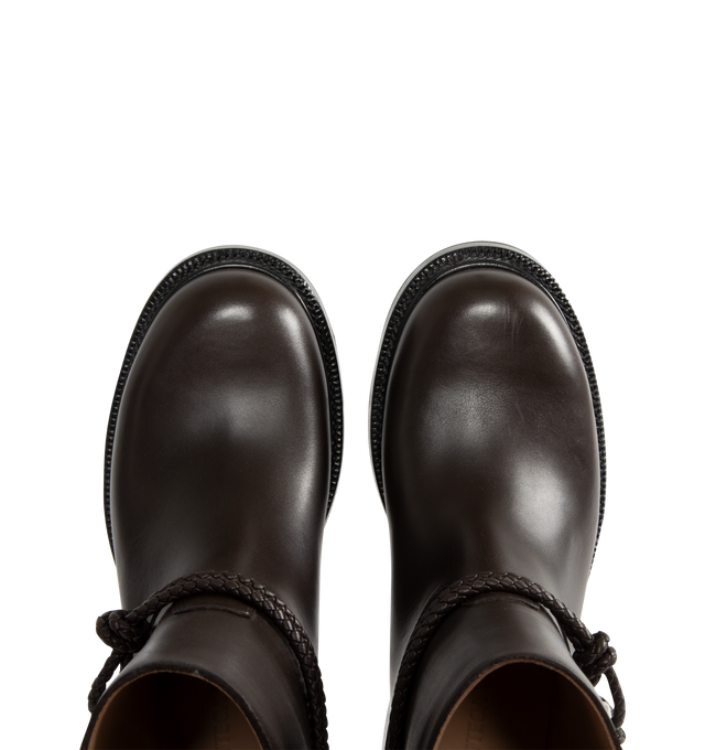 Image 4 of 4 - BROWN - BOTTEGA VENETA James Ankle Boot featuring round toe, pull-on style and braided strap at ankle with silver-tone hardware. 0.5" heel. Leather upper, lining, and sole. Made in Italy.