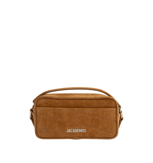 Image 1 of 4 - BROWN - JACQUEMUS Le Baneto Bag featuring leather camera bag, rectangular shape, crocodile-embossed calf leather, zipper closure, zip-puller-handle for hand-carrying, removable, adjustable cross-body shoulder strap, patch pocket on front and back, interior card pocket and silver metal logo and hardware. 20cm x 10cm x 7cm. 100% calfskin. Lining: 100% cotton. Made in Italy.