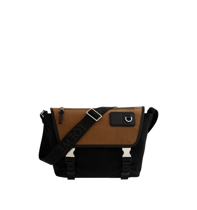 Image 1 of 3 - BLACK - LOEWE Medium Flex Messenger Bag in canvas and suede featuring trapeze-shaped variation on a foldover flap design, suitable for a 13 inch laptop, shoulder or crossbody carry, adjustable LOEWE webbing strap, flap closure with snap buckles, one zipped front pocket, one rear pocket with magnetic closure, one internal zipped pocket, water-resistant nylon lining and embossed Anagram with D-ring. Canvas/suede. 27 cm x 38 cm x 9.5 cm. Made in Portugal.