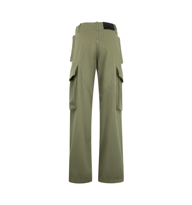 Image 2 of 3 - GREEN - Loewe Women's Cargo Trousers are crafted from medium-weight washed cotton satin and feature a relaxed-fit silhouette with a mid-rise waist and straight-leg cut. Designed with a button-and-belt fastening, concealed zip fly, seam pockets, and buttoned flap gusset cargo pockets at the sides, these utility-inspired trousers balance functionality with refined craftsmanship. Finished with elasticized drawstring cuffs and a debossed LOEWE leather and suede patch at the back. Main Material: C