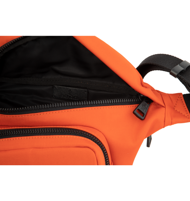 Image 3 of 3 - ORANGE - MONCLER Durance Belt Bag has a zipper closure, adjustable belt with buckle closure, two exterior zip pockets, and signature logo patch. Water-resistant. Leather trim. 100% nylon.  