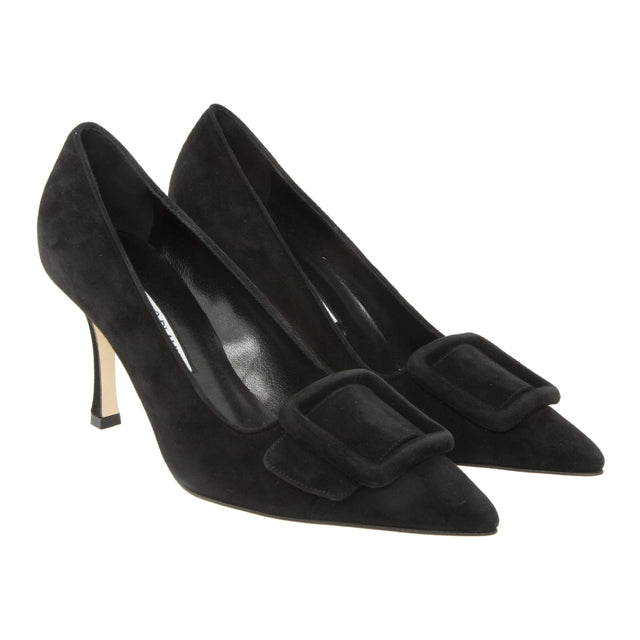 Image 2 of 2 - BLACK - MANOLO BLAHNIK suede pumps with 3.5" stiletto heel, pointed toe with tonal buckle detail, leather lining and leather sole. Made in Italy.
