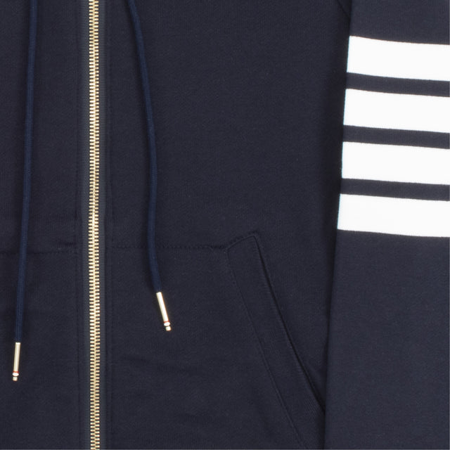 Image 2 of 2 - BLUE - THOM BROWNE zip-up hoodie sweatshirt in cotton jersey with drawcords at hood, kangaroo pockets featuring logo patch and signature stripes at sleeve. 
