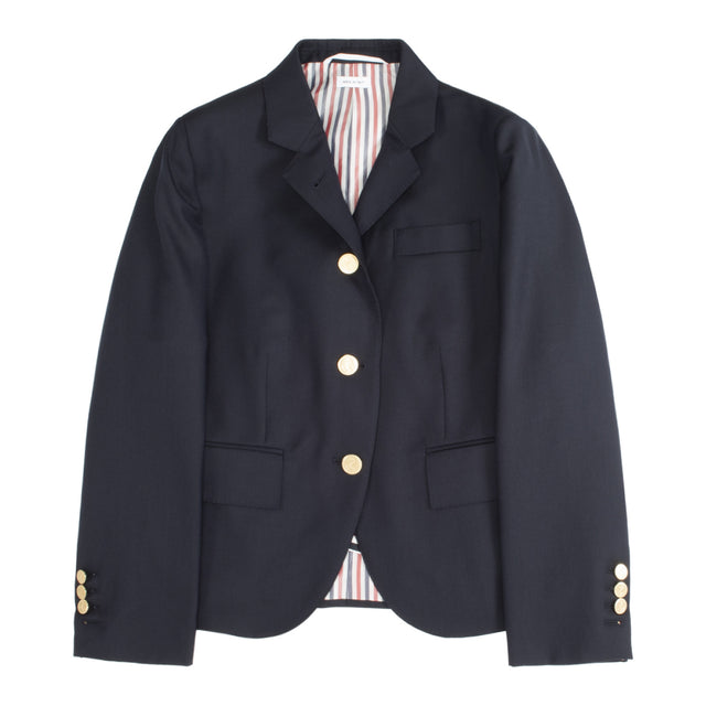 Image 1 of 2 - NAVY - THOM BROWNE wool single-breasted blazer featuring signature grosgrain loop tab, three stripe lining, notched lapels, front 3-button fastening, long sleeves, chest welt pocket, two side flap pockets, buttoned cuffs and English rear vents. 120's Twill Fabric.