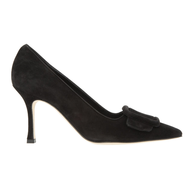 Image 1 of 2 - BLACK - MANOLO BLAHNIK suede pumps with 3.5" stiletto heel, pointed toe with tonal buckle detail, leather lining and leather sole. Made in Italy.