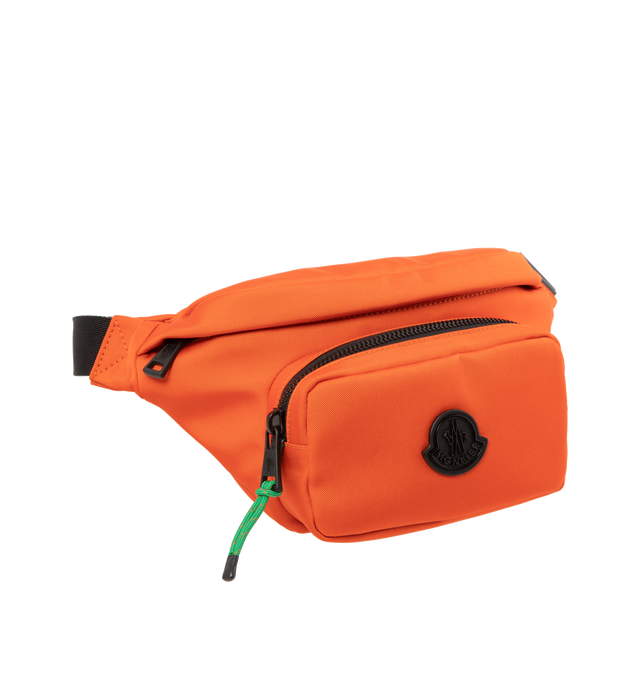 Image 1 of 3 - ORANGE - MONCLER Durance Belt Bag has a zipper closure, adjustable belt with buckle closure, two exterior zip pockets, and signature logo patch. Water-resistant. Leather trim. 100% nylon.  