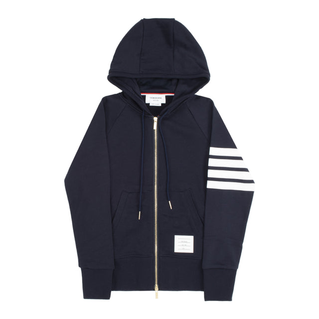 Image 1 of 2 - BLUE - THOM BROWNE zip-up hoodie sweatshirt in cotton jersey with drawcords at hood, kangaroo pockets featuring logo patch and signature stripes at sleeve. 