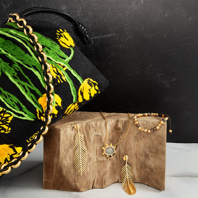 Loewe Paula's Ibiza flamenco purse with tuplis, jewelry by Renna, Sidney Garber and Shamballa 