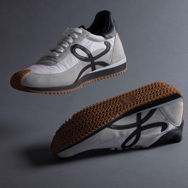 LOEWE Flow Runners in white suede and nylon featuring a navy "L" monogram