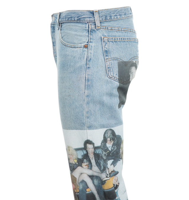 Image 4 of 4 - BLUE - Better With Age Tabloid Denim Pants are 501 style vintage 5-pocket Levi's with branded graphics and a zip fly closure.  