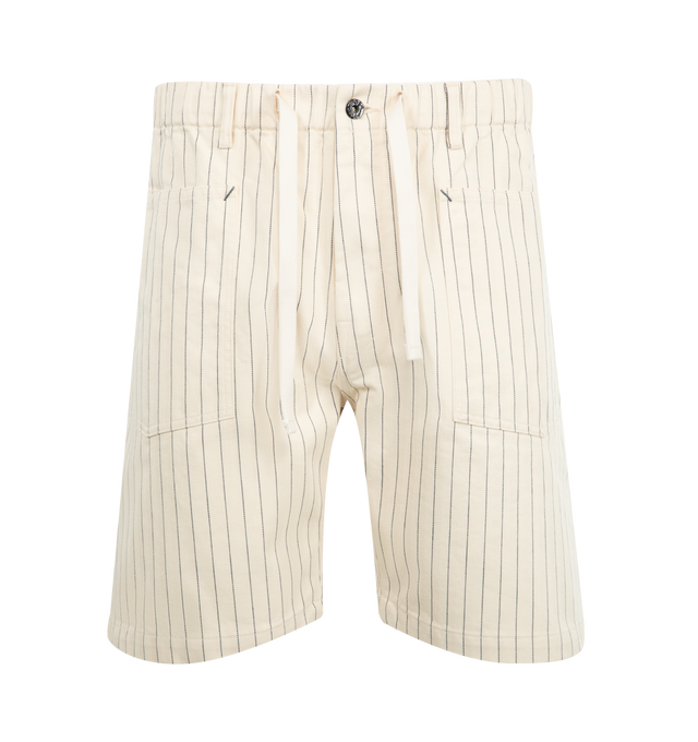 Image 1 of 3 - WHITE - POST O'ALLS E-Z Army-Navy Shorts 2 featuring elastic waist with drawstring, pointed square pockets, pinstripes and cinch back. 100% cotton. Made in Japan. 