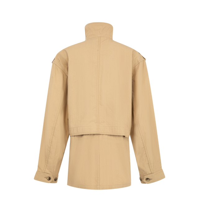Image 2 of 4 - NEUTRAL - Isabel Marant Womens Adelys Jacket is crafted from textured cotton gabardine. Features a cropped trench silhouette, concealed front zip closure, double lapel collar with tab and metal ring, dropped shoulders with button tabs, buttoned cuffs, gusseted flap pockets, patch chest pockets, adjustable tie belt at the waist, back storm flap, and tonal topstitching. Main Material: 74% Cotton, 26% Polyamide. Made in Morocco. 
