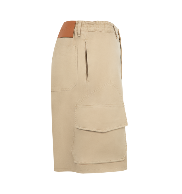 Image 3 of 3 - NEUTRAL - LOEWE PAULA'S IBIZA Cargo Shorts in lightweight washed cotton satin featuring regular fit, regular length, mid waist, elasticated waist, button fastening, concealed zip fly, seam and slash flap pockets, rear patch pocket and LOEWE embossed leather patch placed at the back. Cotton. Made in Italy. 
