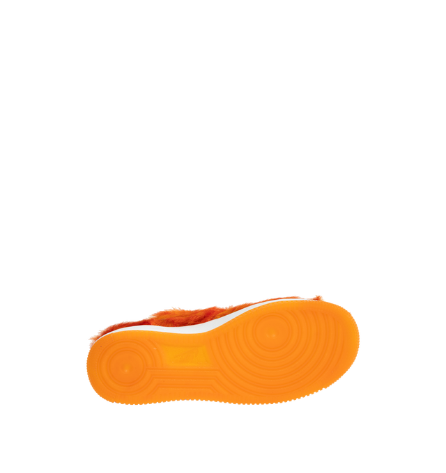 Image 4 of 5 - ORANGE - Nike Air Force 1 "Multi-Color and Sunset" Sneakers update the classic basketball-inspired silhouette with a shaggy, hair-like upper in vivid sunset orange. Tonal Swoosh branding, a lace-up closure, and a padded collar complete the low-top design, while a white Air-cushioned midsole and orange rubber outsole provide comfort and traction. Sole: Rubber. 