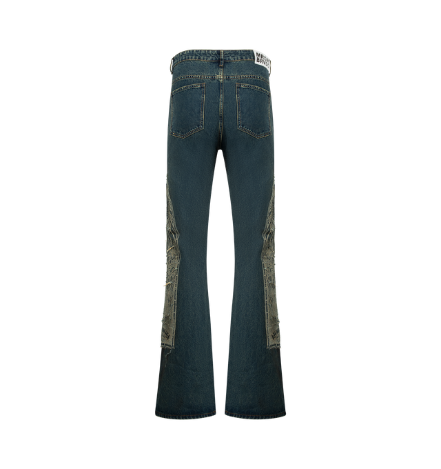 Image 2 of 3 - BLUE - WHO DECIDES WAR Mechanic Signature Jeans featuring non-stretch denim jeans, fading, whiskering, and discoloration throughout, belt loops, five-pocket styling, zip fly, eEmbroidered logo appliqu with raw edges at outseams, logo patch at back waistband and logo-engraved silver-tone hardware. 100% cotton.  