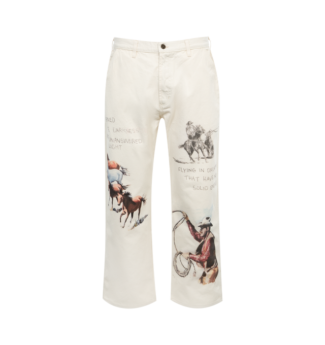 Image 1 of 3 - WHITE - ONE OF THESE DAYS Fort Courage Painter Pants featuring garment wash for vintage finish, printed artwork, straight leg fit and zip fly. 100% cotton. Made in USA. 