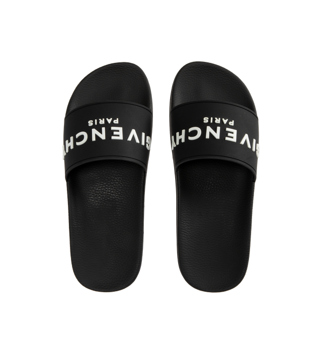 Image 4 of 4 - BLACK - GIVENCHY Logo Pool Slide Sandals featuring flat heel, open toe, one-band upper, molded footbed, easy slide style and 1" rubber sole. Made in Italy. 