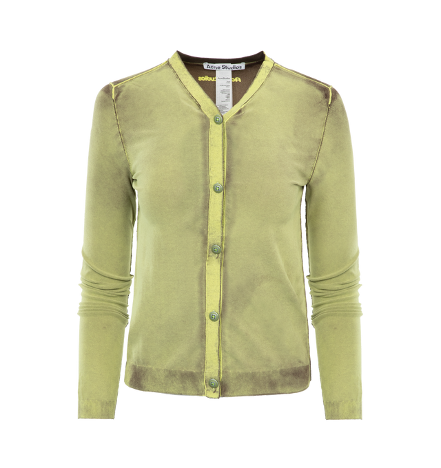 Image 1 of 3 - GREEN - ACNE STUDIOS Knit fitted cardigan in a hip length. Crafted from a stretch fabric with a printed finish. Detailed with a cut out snap button-up closure. 91% Nylon, 9% Elastane. 