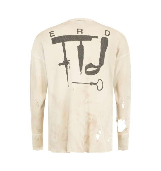 Image 2 of 2 - WHITE - ENFANTS RICHES DEPRIMES Anti Matisse Thermal LS T-Shirt featuring long-sleeve thermal shirt, a bound neckline, engineered rib-knit cuffs, flatlock stitching throughout, printed artwork at the front and back and distressing throughout. 100% cotton. Made in Japan. 
