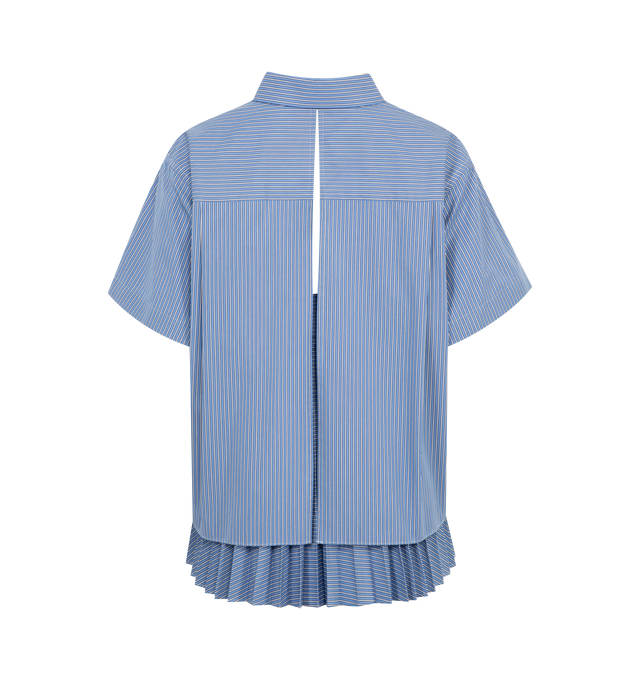 Image 2 of 2 - BLUE - Sacai Women's Cotton Poplin Shirt with classic collar, button front, flat chest pocket and pleated detail at the back. 100% cotton. Made in Japan. 