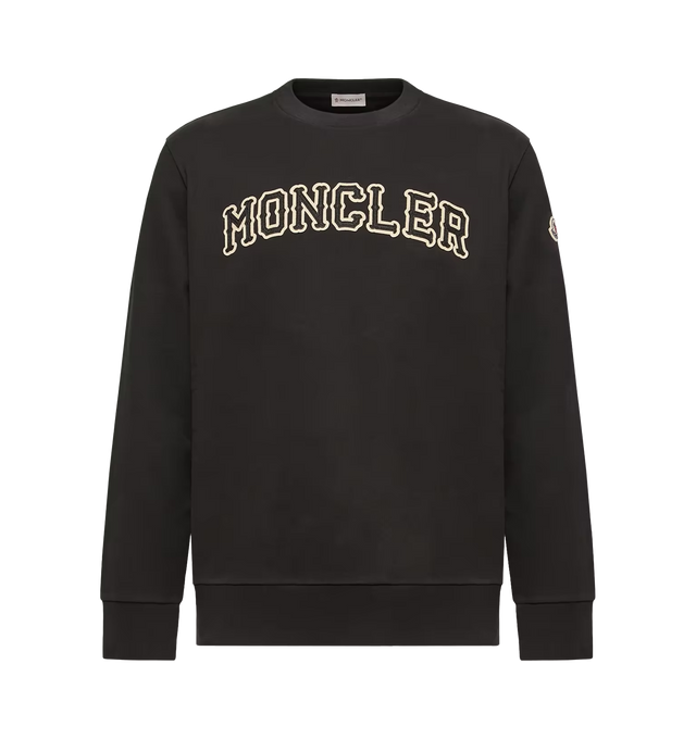 Image 1 of 1 - BLACK - Moncler Mens Logo Cotton Sweatshirt is crafted from cotton fleece. Features embroidered logo lettering and logo patch detailing. Base Fabric: 100% Cotton; Hem Rib: 95% Cotton, 5% Elastane / Spandex; Cuffs Rib: 95% Cotton, 5% Elastane / Spandex; Collar Rib: 95% Cotton, 5% Elastane / Spandex. Made in Turkey. 
