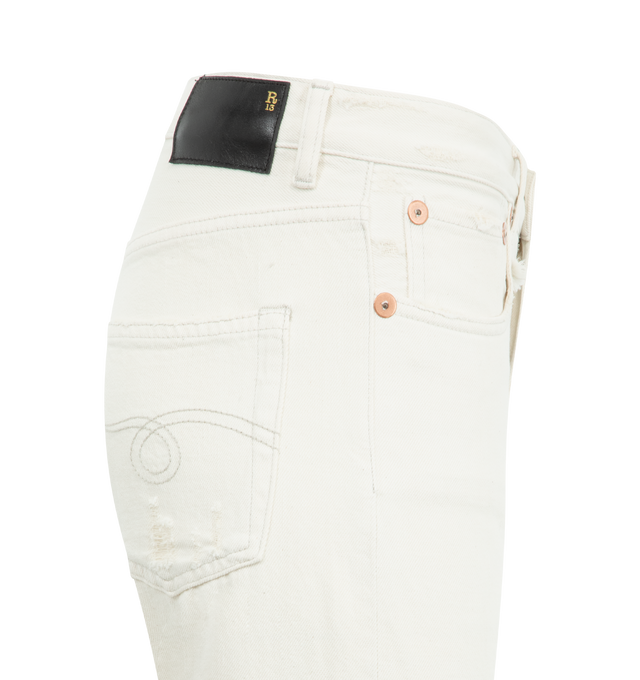 Image 3 of 3 - WHITE - R13 Cuffed Romeo Jeans featuring straight cut, belt loops, button zipped closure, rolled trousers, waist logo leather, retro gold logo carved hardware and beige and tan contrast stitching. 100% cotton.  