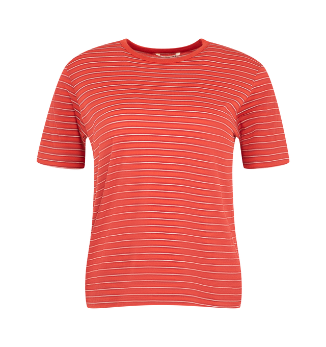 Image 1 of 2 - RED - Auralee Women's Soft Smooth Wool Stripe Jersey T-Shirt is crafted from merino wool jersey and features a multicolored striped design. The fabric has a natural sheen with an exceptionally smooth, soft, and fluid hand. Cut in a regular fit. Main Material: 100% Wool. 