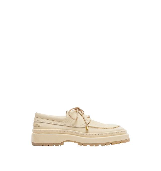 Image 1 of 2 - NEUTRAL - JACQUEMUS Double Boat Shoes featuring nubuck leather boat shoes, leather laces with circle and square tips, split upper with topstitching, topstitched seams, embossed logo on insole and notched rubber soles. 100% cowskin. Sole: 100% rubber. Made in Italy.