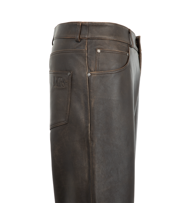 Image 3 of 3 - BROWN - Midnight Rodeo "1968" Bootcut Leather Pants are crafted from heavyweight Italian leather and feature a timeless bootcut silhouette inspired by Elvis Presley's legendary '68 Comeback Special. Designed for everyday wear with stage-ready attitude, these Italian-made pants are finished with a midnight-black lining and signature MR embossing on the back pocket. Main Material: Heavyweight Italian Leather. Made in Italy. 