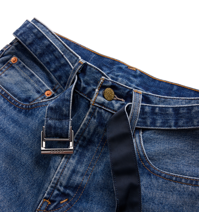 Image 5 of 5 - BLUE - Sacai X Levi's Men's Belted Wide leg pants are crafted from a medium-dark wash cotton denim and feature a high-rise waist, wide-leg silhouette, a buckled belt, signature Levi back-pocket design, and utility-inspired patch pockets. Main Material: 100% Cotton. Made in Japan. 