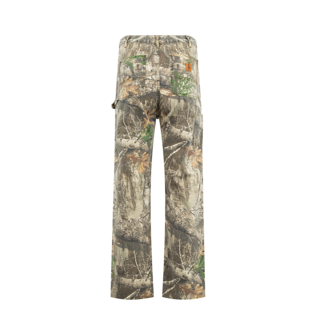 Image 2 of 3 - GREEN - ONE OF THESE DAYS Camo Double Knee Pants featuring straight-leg fit, realtree camo, zip-fly with button closure, reinforced belt loops, 5-pocket design, hammer loop and tool pockets, double-layered knee panels and leather horse patch on back pocket. 100% cotton. 