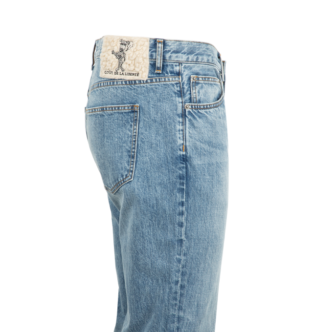 Image 3 of 3 - BLUE - COUT DE LA LIBERTE Jimmy Crispy Rigid Flare Jeans featuring five-pocket style, zip fly, button closure and flare hem. 100% cotton. 