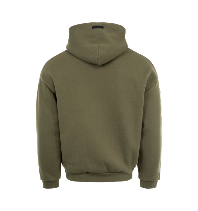 Image 2 of 2 - GREEN - Fear of God Cotton Hoodie has an attached hood, dropped shoulders, side pockets, ribbed cuffs and hem, and a screen-printed graphic at the the front. 100% cotton.  