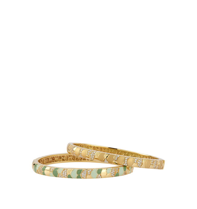 Image 2 of 2 - GOLD - Renna Jewelry elegant cuff featuring soft green enamel set in luxurious 18k gold, accented with 1.00 TCW diamonds. Size 17mm. Hirshleifers offers a range of pieces from this collection in-store. For personal consultation and detailed information about jewelry, please contact our dedicated stylist team at personalshopping@hirshleifers.com. 