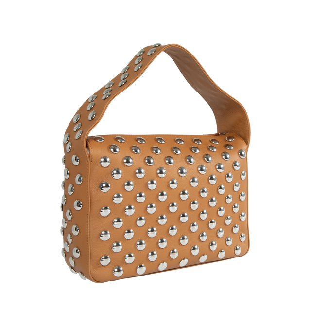 Image 2 of 3 - BROWN - KHAITE Elena Bag with Studs featuring classic box shape, zip-top silhouette, studded in silver discs and lined in nappa leather, with slip pocket. 11 x 3.5 x 7.5 in. Handle drop: 6.5 in. 100% calfskin, brass. 