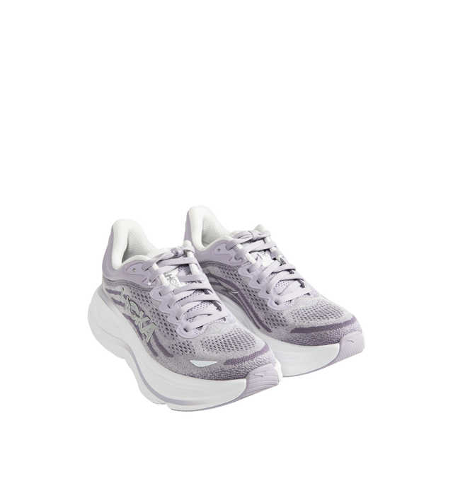 Image 2 of 5 - PURPLE - HOKA W Bondi 9 Sneaker featuring performance mesh upper, cushioned collar and tongue, removable contoured insole, supportive midsole, textile lining, lace-up closure, round toe and rubber sole. 