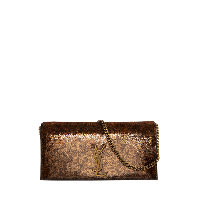 BROWN - SAINT LAURENT Kate 99 Bag in Sequins featuring a sliding chain strap, satin lining, magnetic snap closure, one zip pocket and bronze-toned hardware. 10.2 X 5.3 X 1.7 inches. 60% viscose, 30% silk, 10% metal. Made in Italy. 