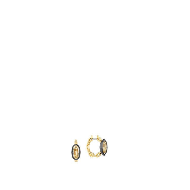 Image 1 of 1 - GOLD - Uniform Object Power Metal Huggie Earrings featuring 5.5 g of 18K yellow gold with black rhodium plating, a 1.00 ct modified oval step-cut diamond, and a 1.01 ct modified marquise brilliant-cut diamond (2.01 TCW). Handcrafted in New York City. Hirshleifers offers a range of pieces from this collection in-store. For personal consultation and detailed information about jewelry, please contact our dedicated stylist team at personalshopping@?hirshleifers.com. 