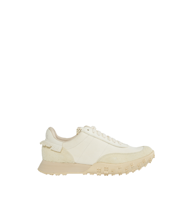 Image 1 of 5 - WHITE - VISVIM Hospoa Runner featuring calf suede, panelled design, embroidered logo to the rear, fringe detailing, round toe, front lace-up fastening, branded leather insole and Vibram sole. 100% calf leather. 