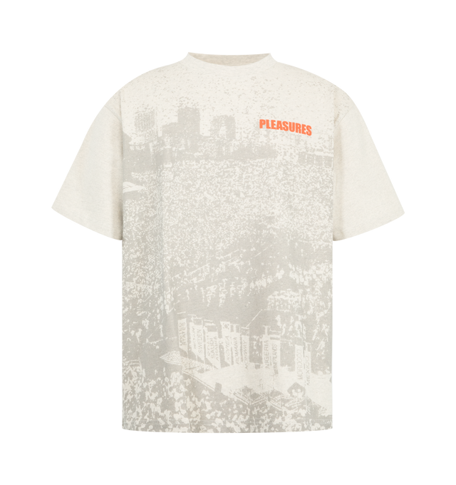 Image 1 of 2 - GREY - Pleasures Mens Relaxed Heavyweight T-Shirt is crafted from heavyweight cotton jersey. Features a relaxed fit, crew neck, water-based jumbo graphic print, and puff-printed logo detailing. Main Material: Cotton. Made in China. 