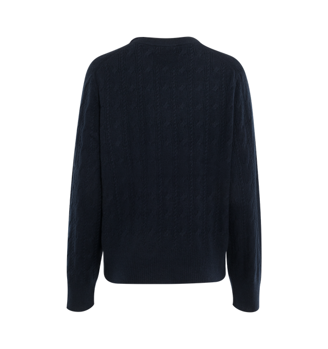 Image 2 of 3 - NAVY - GUEST IN RESIDENCE Twin Cable Crew featuring crew neck, all over double cable stitch, ribbed neck trim, cuff, and hem and integral knitted branding. 100% cashmere.  